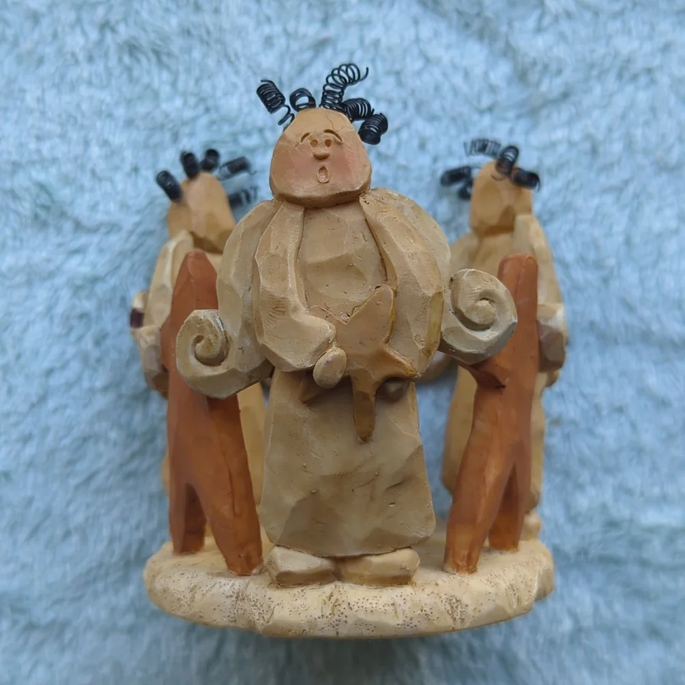 Unique Votive Candle Holder Angels and Stars Carved Look With Wire Hair